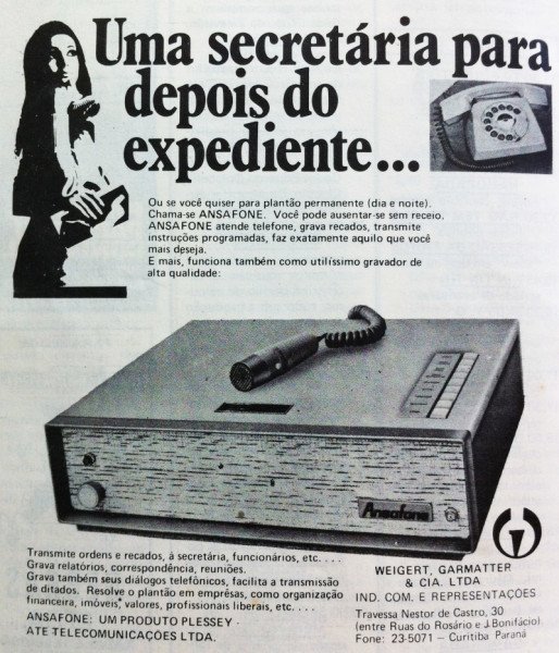 memória - secretária eletrônica de 1971 em anúncio da Revista TV Programas de Curitiba